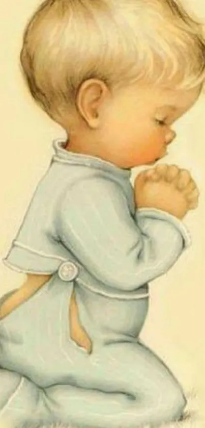 Child praying in soft pastel wallpaper.