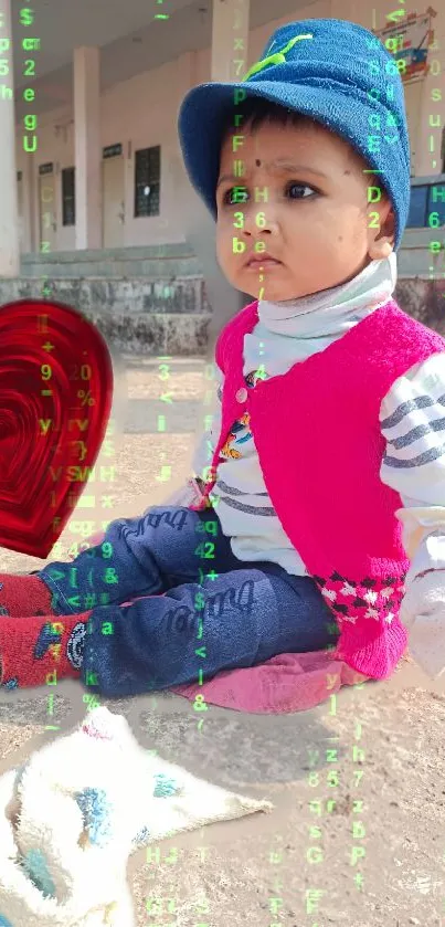 Cute child in bright outfit with heart overlay, sitting outdoors.