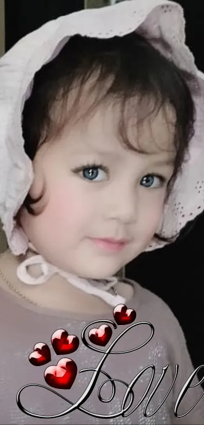 Sweet child with bonnet and love hearts on wallpaper.