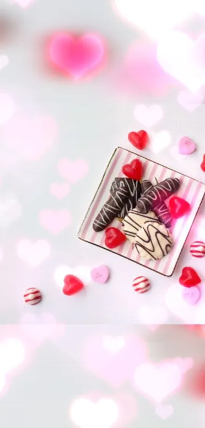 Sweet chocolate heart wallpaper with pink hues and candies.