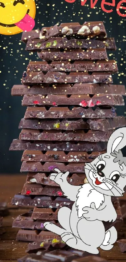 Chocolate stack with cartoon bunny and emoji on wooden background.