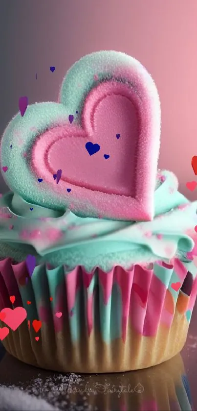 Cupcake with heart topper in pink and teal hues for phone wallpaper.