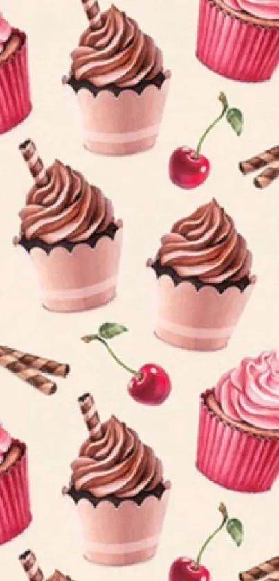 Colorful wallpaper with pink cupcakes and cherries.