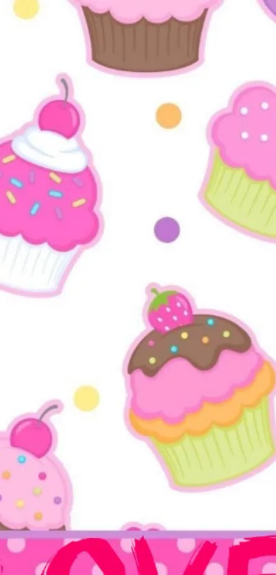 Whimsical cupcake and dot pattern wallpaper for mobile.