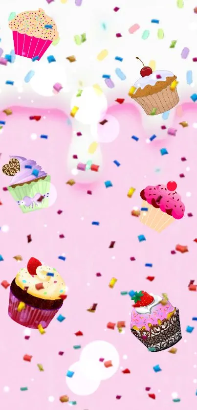 Colorful cupcakes and sprinkles wallpaper with a pink background.