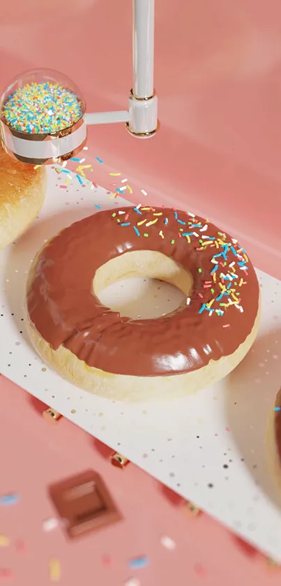 Mobile wallpaper with chocolate donuts and colorful sprinkles on a pink backdrop.