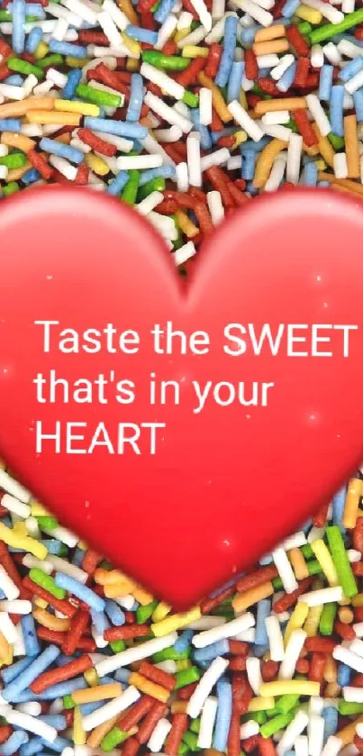 Red heart on colorful sprinkles background with playful quote.