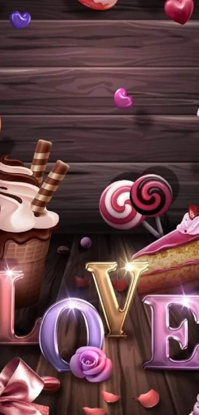 Colorful dessert and love themed wallpaper with a chocolate backdrop.