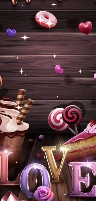 Sweet love themed wallpaper with chocolates and candies.