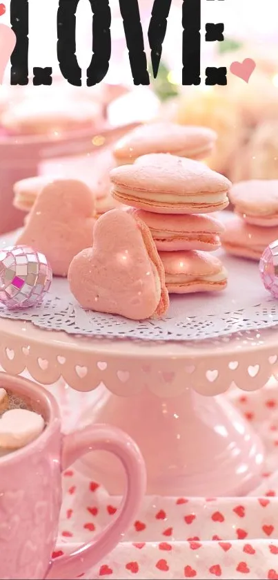 Mobile wallpaper with pink macarons and love theme.