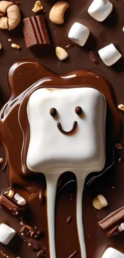 Smiling marshmallow with chocolate and nuts background.