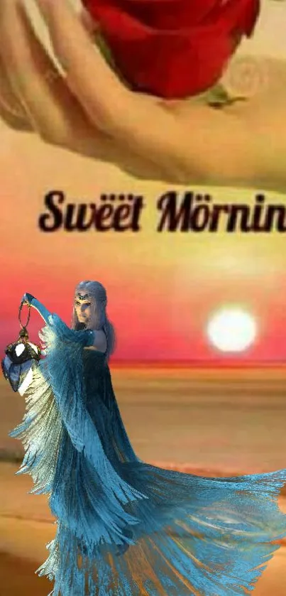 Fantasy landscape with dancer and sunrise, text says 'Sweet Morning.'