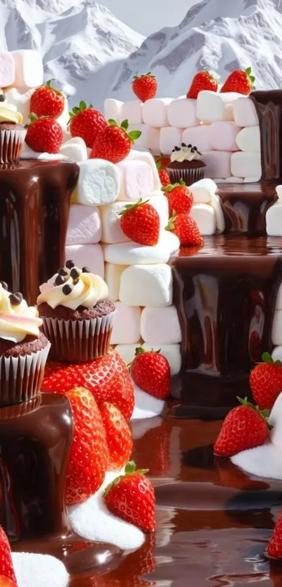Chocolate dessert landscape with strawberries and cupcakes against mountains.