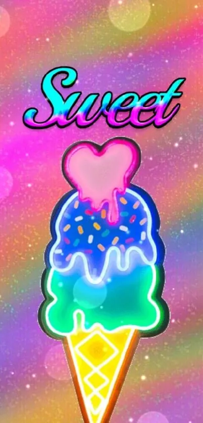 Colorful neon ice cream with sweet text on background.