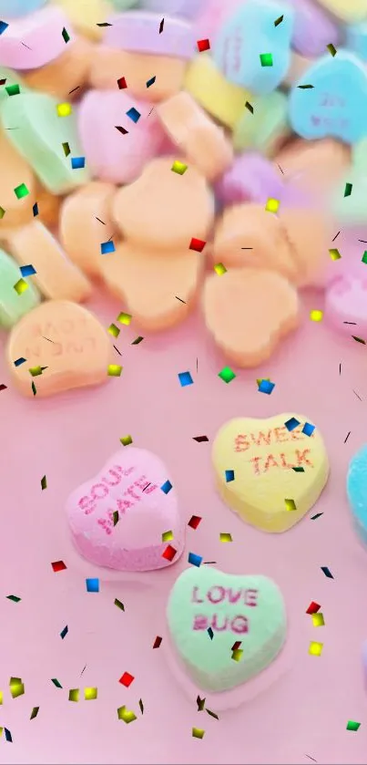 Pastel candy hearts with confetti on light pink background.