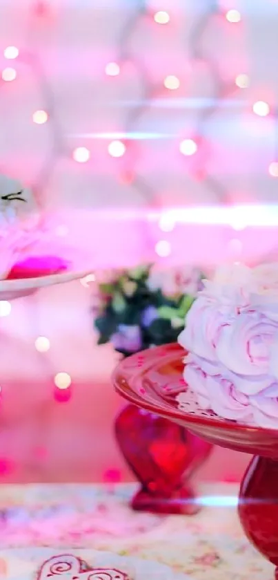 Pink dessert table with cakes and lights, perfect for a sweet mobile wallpaper.