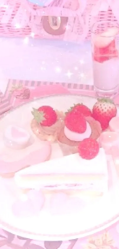 Pink wallpaper with strawberry desserts and pastel decor.