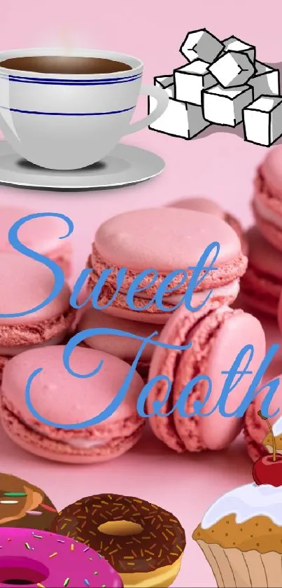 Pink dessert wallpaper with macarons, donuts, coffee, and sugar cubes.