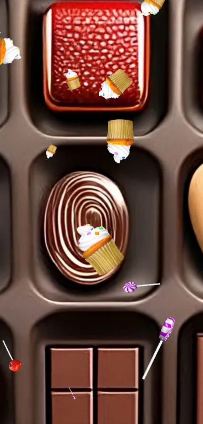 Chocolate box with cupcakes and candies.