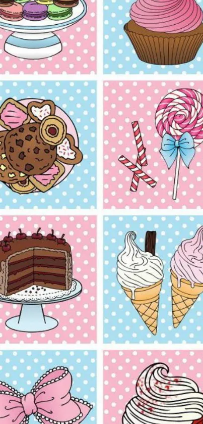 Cute dessert illustrations with macaron, cupcake, and ice cream on pink and blue background.