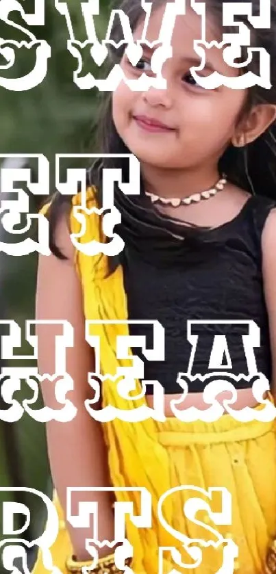 Smiling girl in yellow dress with 'SWEETHEARTS' text.