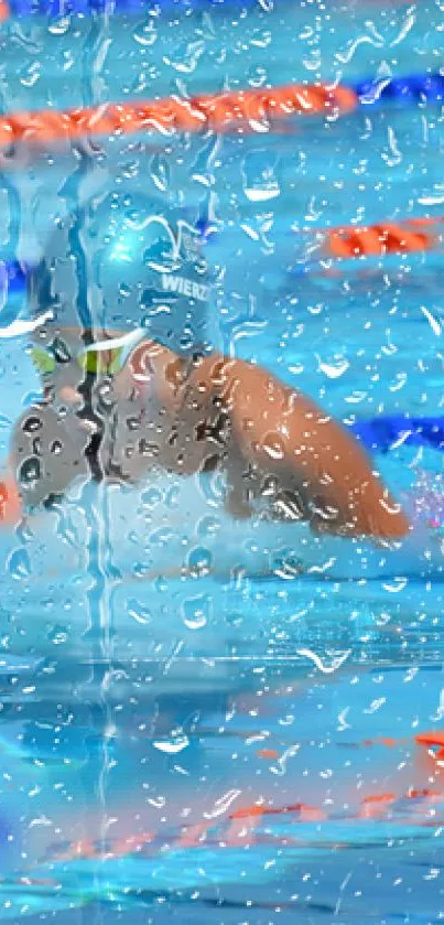 Swimmer visible through rainy glass, vibrant aquatic theme.