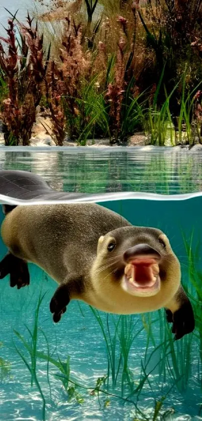 Cute otter swimming underwater with vibrant background.