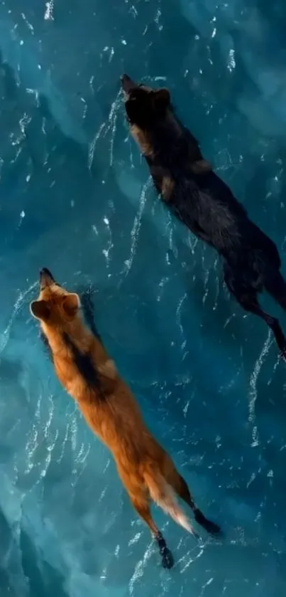 Two dogs swimming in clear blue water.