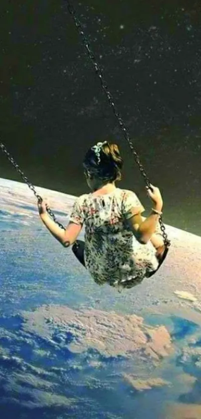 A girl swings above Earth, surrounded by space.