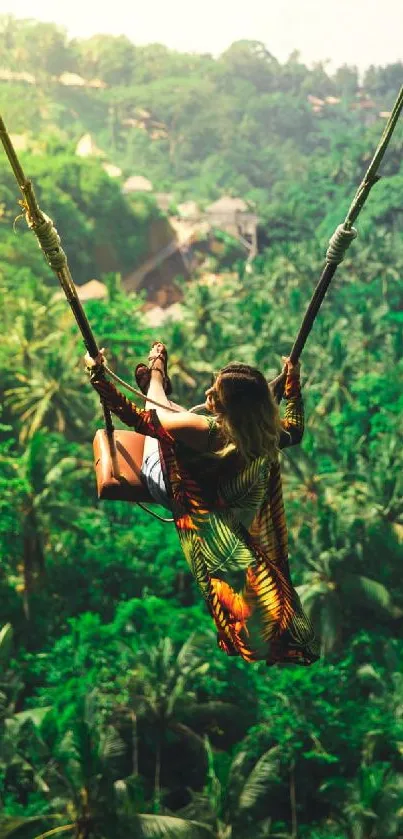 Woman swinging over lush green forest