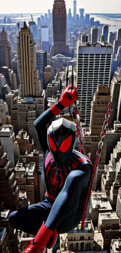 Superhero swinging above city skyline, vibrant urban adventure.