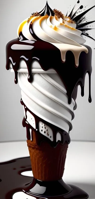 Delicious chocolate and vanilla swirled ice cream cone dripping in rich syrup.