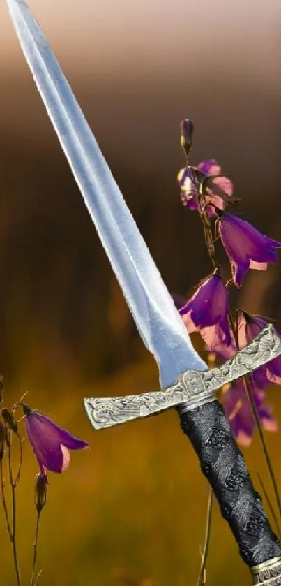 Silver sword with purple flowers on brown background.