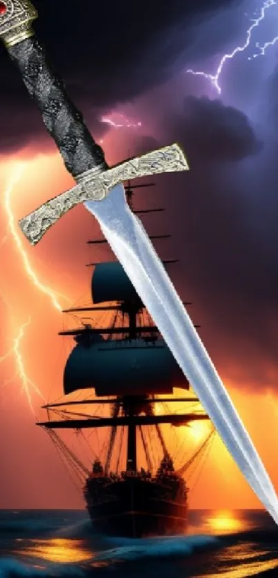 Mobile wallpaper of a sword and ship amidst a lightning storm.