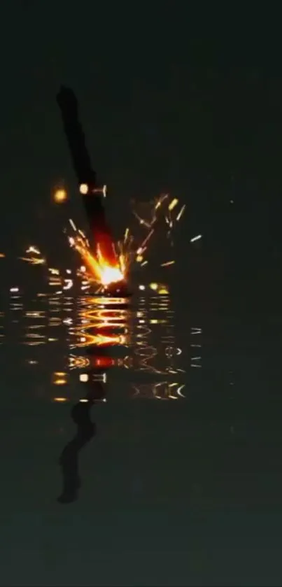 Sword with sparks reflected in dark water background.