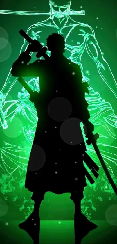 Silhouette of a sword fighter with neon green background.