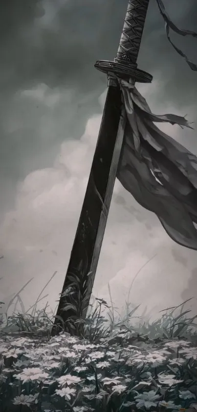 A lone sword stands in a field of flowers under a moody, cloudy sky.