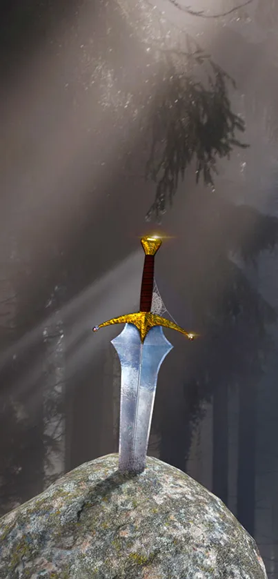 Sword in a stone with rays in a dark, mystical forest.