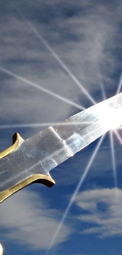 Sword shining against a bright blue sky and clouds.