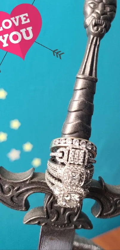 Medieval sword with ornate hilt and 'Love You' heart on a teal background.