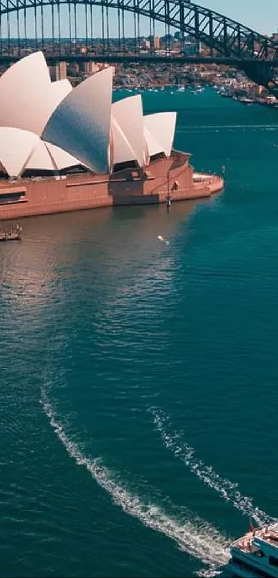 Sydney Opera House and Harbour Bridge against clear blue skies.