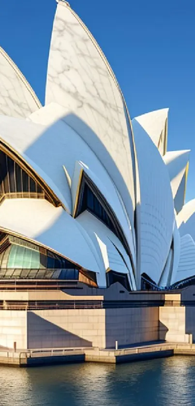 Sydney Opera House with clear sky and reflecting waters, featuring architectural beauty.