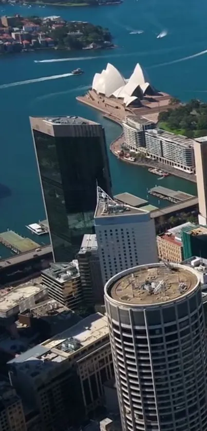 Aerial view of Sydney with Opera House and skyline.