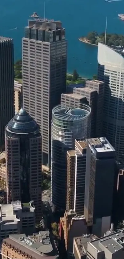 Aerial view of Sydney's skyline with skyscrapers and harbor.