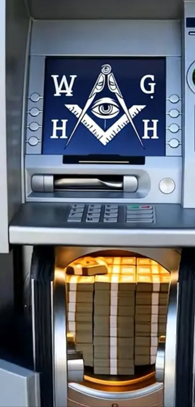 ATM with mysterious symbol display and money stack.