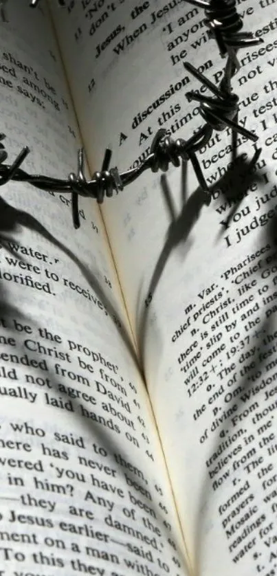 Barbed wire heart casting shadow on open book page.