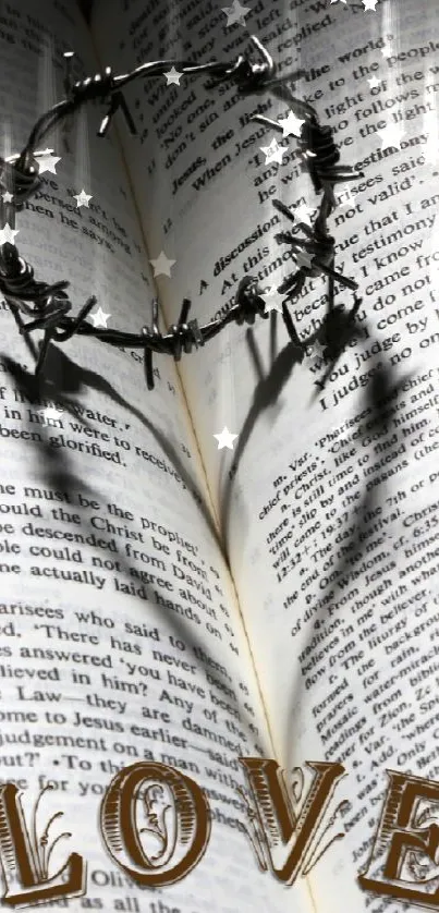 Heart-shaped shadow with 'LOVE' on book page.