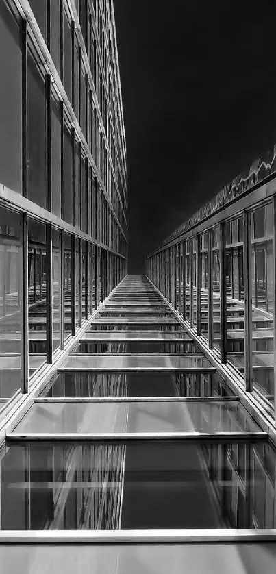 Symmetrical black and white architectural window reflection in a modern urban setting.