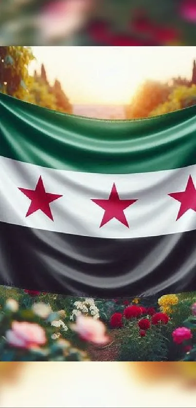 Syrian flag against vibrant garden backdrop.