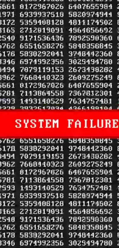 Mobile wallpaper with white binary code and a red 'system failure' alert.